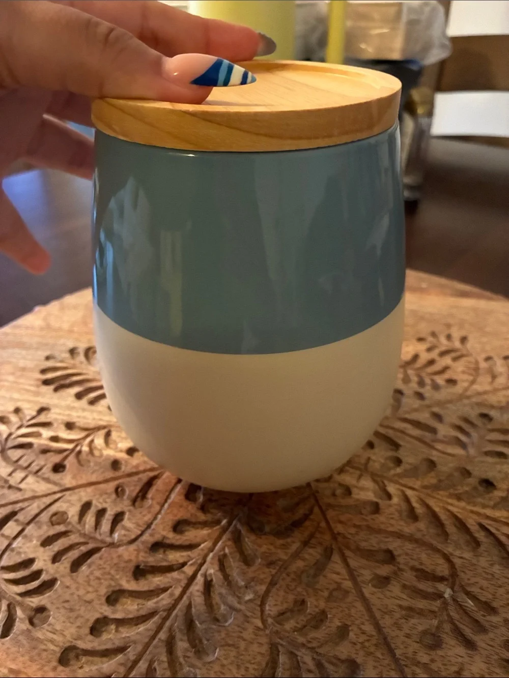 Blue & Cream Coffee Canister with Bamboo Lid